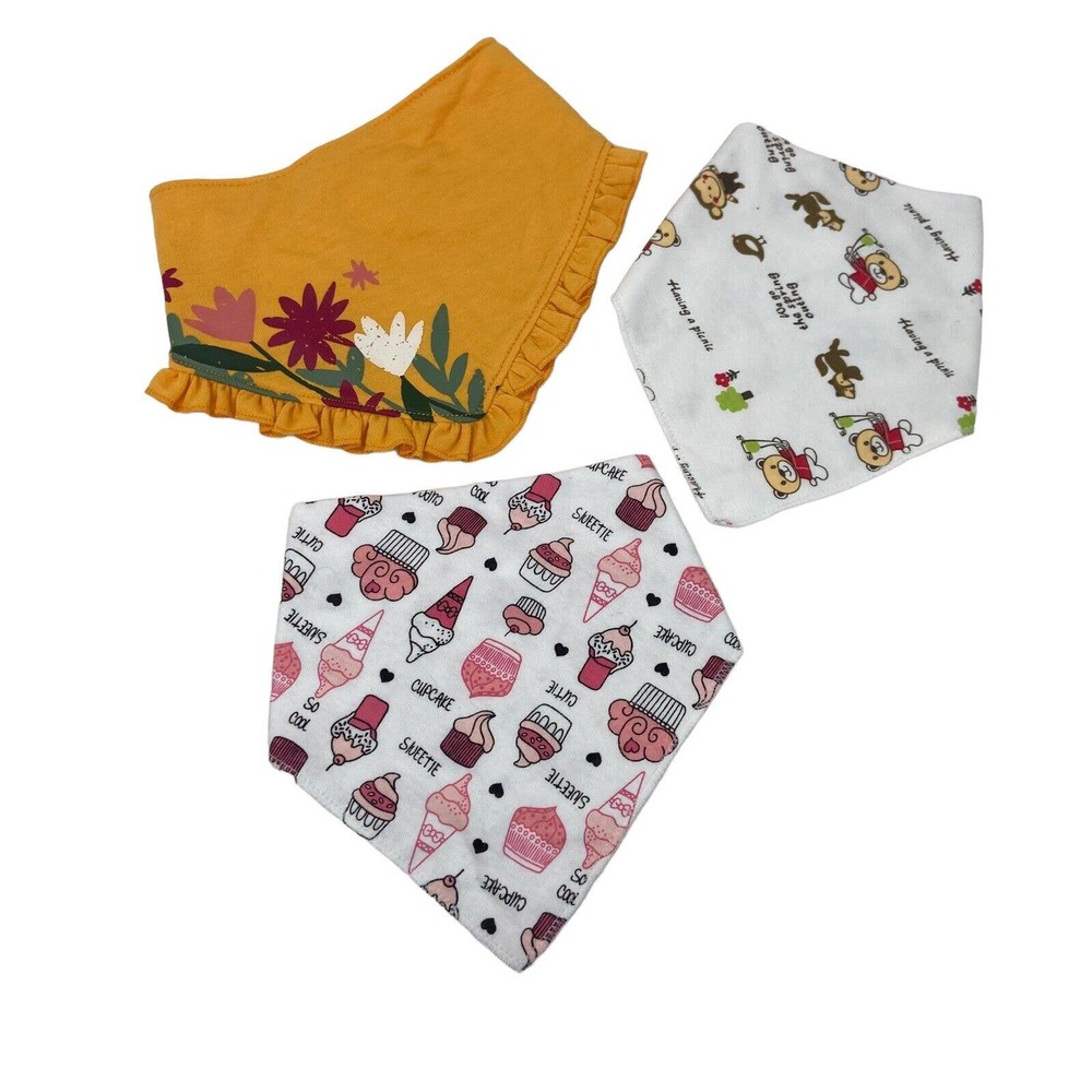 Set of 3 Baby Bandana Bibs - Ice Cream, Bear & Floral Print NEW without tags